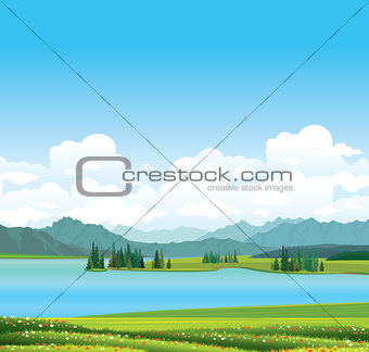 Nature landscape - grass, lake and mountains.