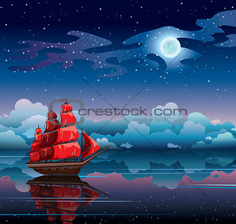  Night seascape with sailboat and starry sky.