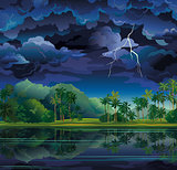 Tropical landscape with lightning and palms.