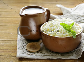 fresh dairy curd in a ceramic bowl, rustic style