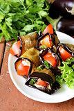 vegetable saute fried eggplant rolls with tomatoes