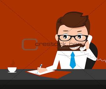 Lucky businessman is signing contract and talking via phone.