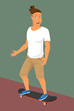 Hipster guy wearing small ponytail on skateboard.