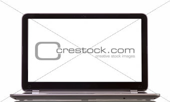 front view of laptop with blank white screen on white