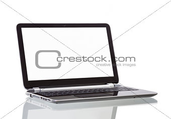 laptop with blank white screen on white