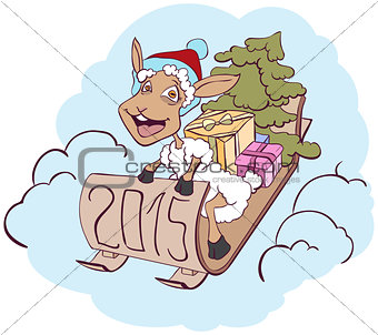 Sheep on a sledge with gifts. Symbol 2015