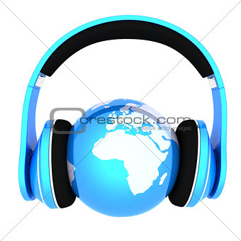 World music 3D render of planet Earth with headphones 