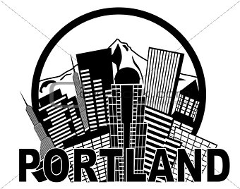 Portland Oregon Skyline Mt Hood Black and White Illustration