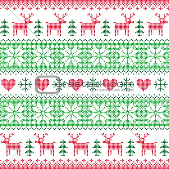 Winter, Christmas red and green seamless pixelated pattern with deer
