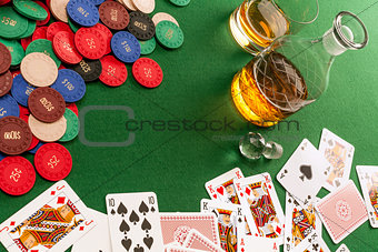 Gambling table with cards and poker chips