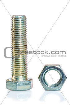 bolt and nut closeup on white background