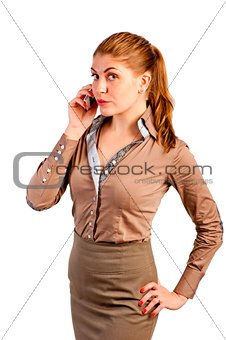 woman in a brown dress with a phone in a studio