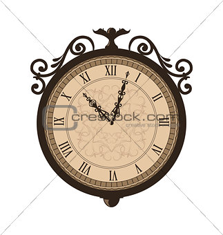 Forging retro clock with vignette arrows, isolated on white back
