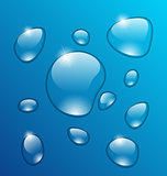 Transparent water drops on blue background