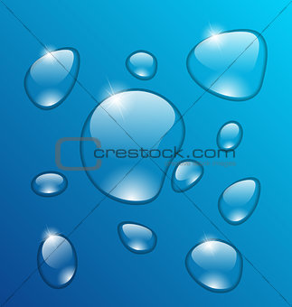 Transparent water drops on blue background