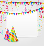Celebration card with party hats, confetti and hanging flags