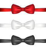 Set realistic red, white and black bow ties, isolated on white b