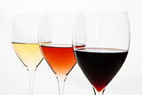 Three colors of wine. Red, rose and white.