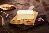 Cheese on wooden board. Agricultural background.