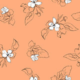Beautiful seamless pattern with apple blossoms and leaves.