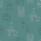 Seamless pattern with hand-drawn houses of different styles on a dark brown background.