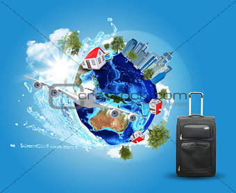 Earth with buildings, airplane and voyage bag