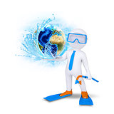 3d diver hold Earth with water splash