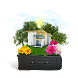 House, trees and green grass in travel bag