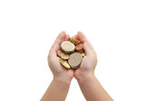 isolated of child's hands holding coins 