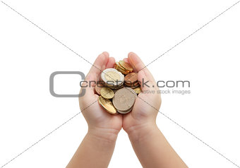 isolated of child's hands holding coins 