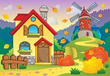 Autumn theme house and windmill