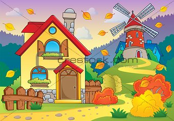 Autumn theme house and windmill