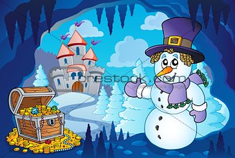Winter cave with snowman