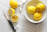 Fresh lemons and sugar cubes on marble counter 