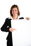 businesswoman pointing blank white board isolated