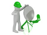 adjuster 3d man in an green helmet adjusts the green satellite 
