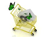 shopping yellow trolley in high definition with green butterfly