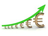 Illustration of the growth of the euro with a green arrow 