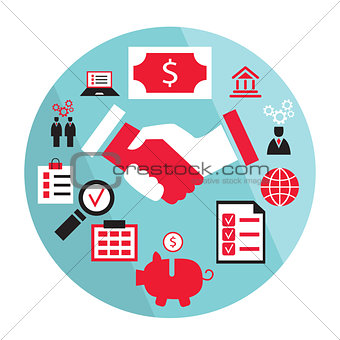 Flat design business elements handshake saving money piggy bank partnership concept and etc
