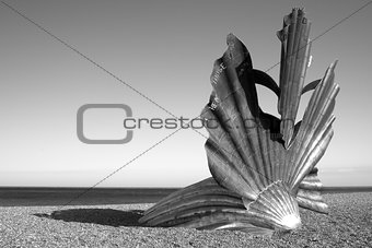 Black and White Image of the 'Scallop' Sculpture on Aldeburgh Be