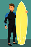 Hipster guy wearing diving suit with yellow surfboard.