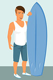 Hipster guy wearing stylish haircut with blue surfboard.