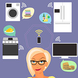 Blond woman thinking about smart gadgets at home and applications around her.