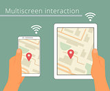 Multiscreen interaction. Synchronization of smartphone and tablet pc.
