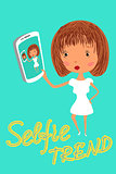 Girl is taking selfie. Handdrawn vector illustration.