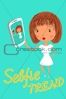 Girl is taking selfie. Handdrawn vector illustration.