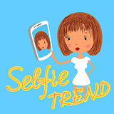 Girl is taking selfie. Handdrawn vector illustration on blue background.