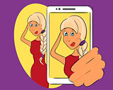 Blond Girl is taking selfie. Handdrawn vector illustration on violet background.