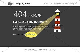 Page not found Error 404 with lighthouse on dark background.