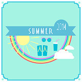 Blue summer card with sun, rainbow, clouds sunglasses and shoes